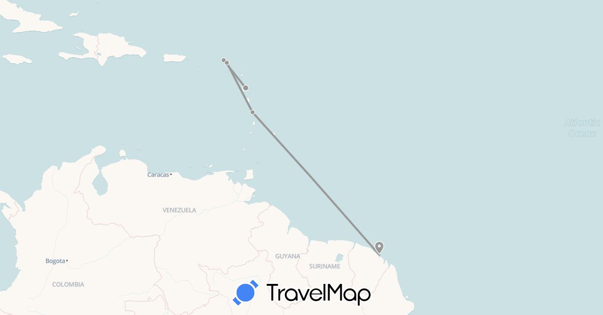 TravelMap itinerary: plane in Saint Barthélemy, French Guiana, Guadeloupe, Martinique (North America, South America)